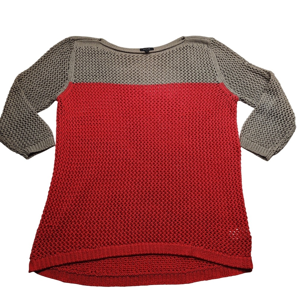 Apt 9 Womens XL Red Taupe Colorblock Open Knit Mesh 3/4 Sleeve Sweater Pullover